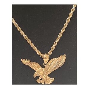 10K Gold Rope Chain Necklace with 10K Eagle Pendant Charm Solid Yellow Gold 24''